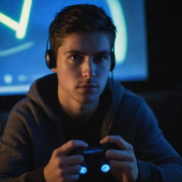 A person deeply immersed in playing a video game, with a glowing screen illuminating their face