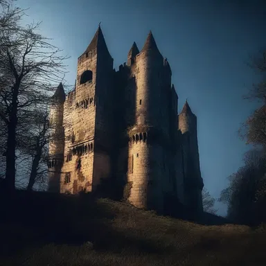 The abandoned castle stood ominously in the night, its castellated facade adding to the atmosphere of terror.
