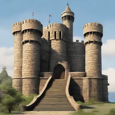 The superhero's headquarters was a massive castellated fortress, complete with towering battlements and turrets.