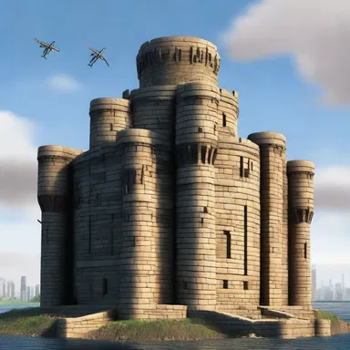 The superhero's headquarters was a massive castellated fortress, complete with towering battlements and turrets.
