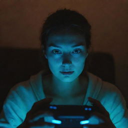 A person deeply immersed in playing a video game, with a glowing screen illuminating their face