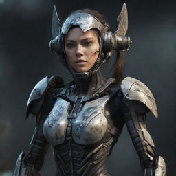 A battle-worn female video game character in malevolent, dangerous cyborg gear with fragmented metal wings. The damaged state of her gear, battered but undeterred, adds a layer of gritty realism to this resilient cybernetic heroine.