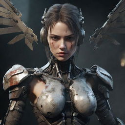 A battle-worn female video game character in malevolent, dangerous cyborg gear with fragmented metal wings. The damaged state of her gear, battered but undeterred, adds a layer of gritty realism to this resilient cybernetic heroine.