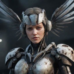 A battle-worn female video game character in malevolent, dangerous cyborg gear with fragmented metal wings. The damaged state of her gear, battered but undeterred, adds a layer of gritty realism to this resilient cybernetic heroine.