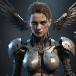 A battle-worn female video game character in malevolent, dangerous cyborg gear with fragmented metal wings. The damaged state of her gear, battered but undeterred, adds a layer of gritty realism to this resilient cybernetic heroine.