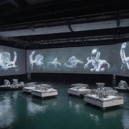 A striking image of a theater on the Seine River, transformed into an advanced robotics laboratory where robots are acting on stage against a backdrop of scientific equipment.