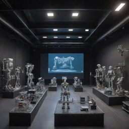 A striking image of a theater on the Seine River, transformed into an advanced robotics laboratory where robots are acting on stage against a backdrop of scientific equipment.