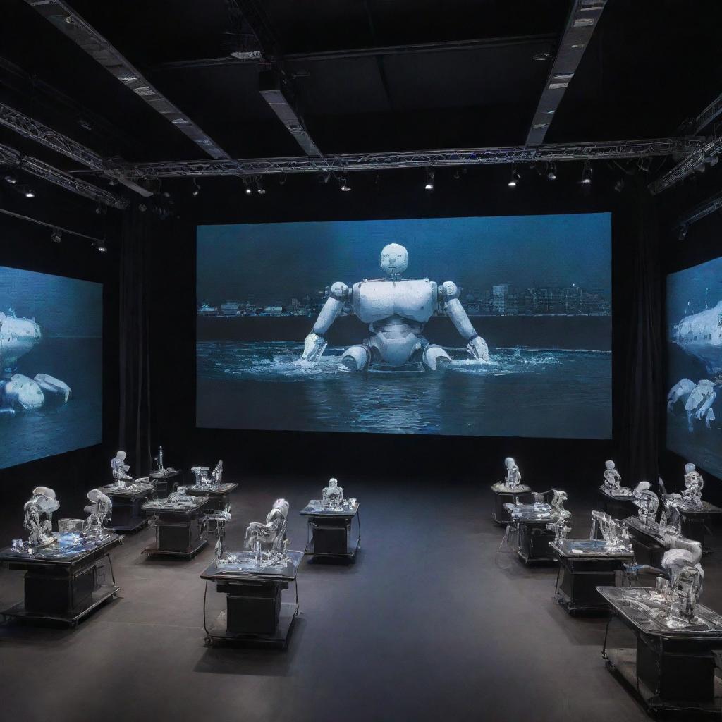 A striking image of a theater on the Seine River, transformed into an advanced robotics laboratory where robots are acting on stage against a backdrop of scientific equipment.