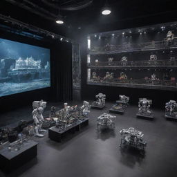 A striking image of a theater on the Seine River, transformed into an advanced robotics laboratory where robots are acting on stage against a backdrop of scientific equipment.