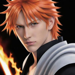 A dynamic and vivid portrait of Ichigo, the lead character from the anime series 'Bleach'. Capture his fiery orange hair and determined eyes, wielding his signature zanpakuto.