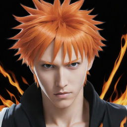 A dynamic and vivid portrait of Ichigo, the lead character from the anime series 'Bleach'. Capture his fiery orange hair and determined eyes, wielding his signature zanpakuto.