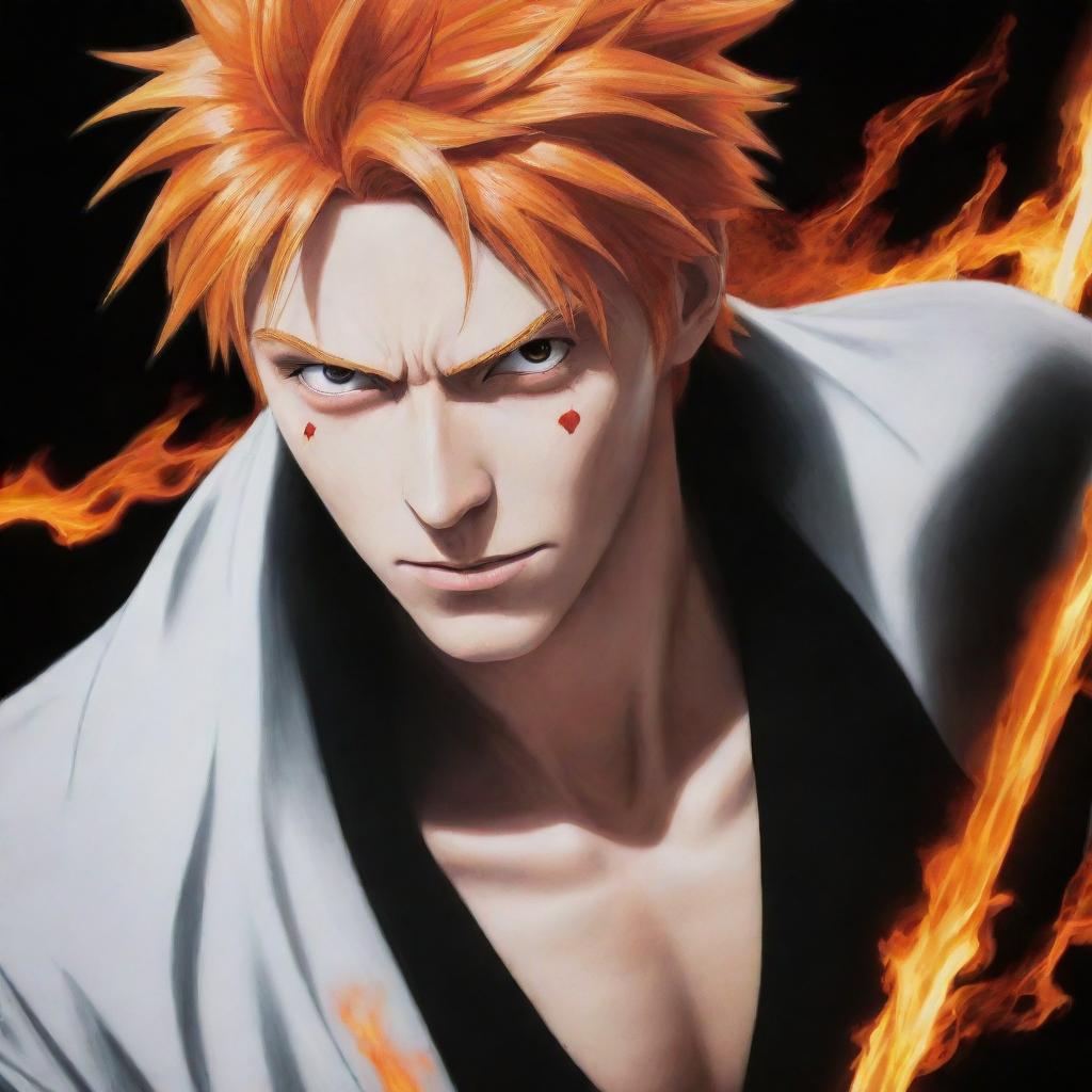 A dynamic and vivid portrait of Ichigo, the lead character from the anime series 'Bleach'. Capture his fiery orange hair and determined eyes, wielding his signature zanpakuto.