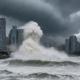 A colossal tsunami surging into a densely populated city with skyscrapers, under a stormy sky.