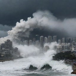 A colossal tsunami surging into a densely populated city with skyscrapers, under a stormy sky.