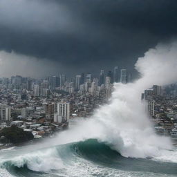 A colossal tsunami surging into a densely populated city with skyscrapers, under a stormy sky.