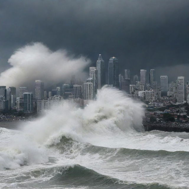 A colossal tsunami surging into a densely populated city with skyscrapers, under a stormy sky.