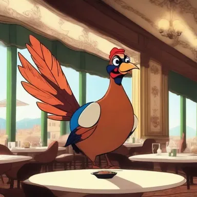 In the animated movie, the fancy restaurant scene shows a comically exaggerated pheasant under glass being served.