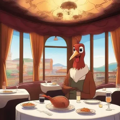 In the animated movie, the fancy restaurant scene shows a comically exaggerated pheasant under glass being served.