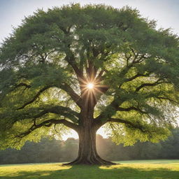 A majestic tree with lush, green leaves and a sturdy trunk, bathed in warm sunlight.