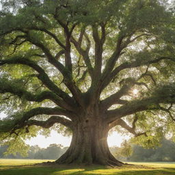 A majestic tree with lush, green leaves and a sturdy trunk, bathed in warm sunlight.