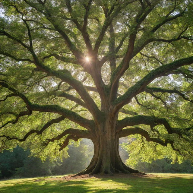 A majestic tree with lush, green leaves and a sturdy trunk, bathed in warm sunlight.