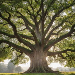 A majestic tree with lush, green leaves and a sturdy trunk, bathed in warm sunlight.