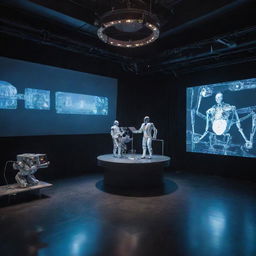 A theater on the Seine River featuring advanced robotic actors performing on stage, surrounded by an atmosphere of a high-tech laboratory with futuristic equipment and machinery.