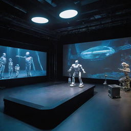 A theater on the Seine River featuring advanced robotic actors performing on stage, surrounded by an atmosphere of a high-tech laboratory with futuristic equipment and machinery.