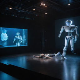 A theater on the Seine River featuring advanced robotic actors performing on stage, surrounded by an atmosphere of a high-tech laboratory with futuristic equipment and machinery.