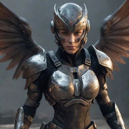 A video game character, a female warrior in sinister, dangerous cyborg gear. Her metal wings are broken, and her armor bears the signs of severe damage. The visible injuries and wounds intensify her story of relentless resilience and courage.