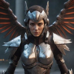 A video game character, a female warrior in sinister, dangerous cyborg gear. Her metal wings are broken, and her armor bears the signs of severe damage. The visible injuries and wounds intensify her story of relentless resilience and courage.