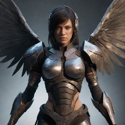 A video game character, a female warrior in sinister, dangerous cyborg gear. Her metal wings are broken, and her armor bears the signs of severe damage. The visible injuries and wounds intensify her story of relentless resilience and courage.