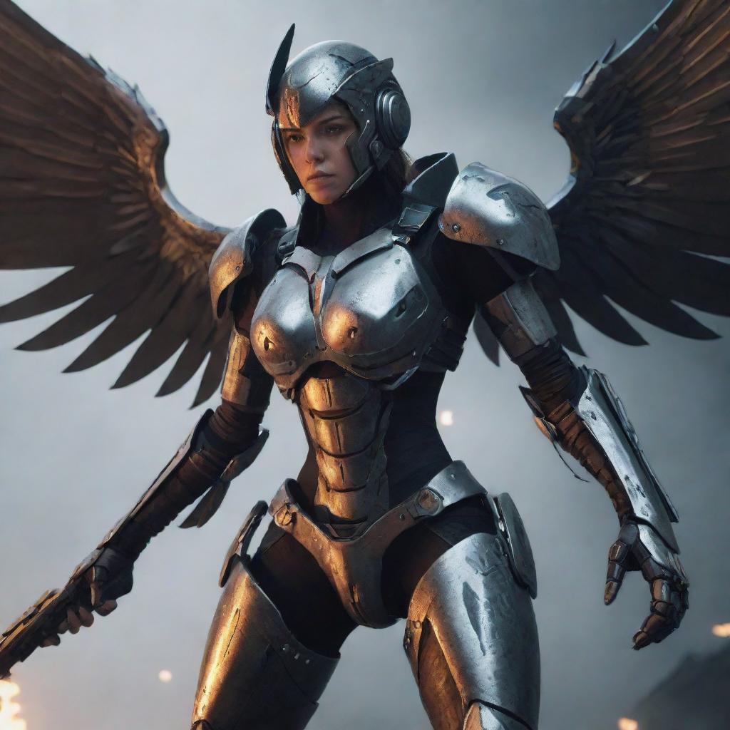 A video game character, a female warrior in sinister, dangerous cyborg gear. Her metal wings are broken, and her armor bears the signs of severe damage. The visible injuries and wounds intensify her story of relentless resilience and courage.