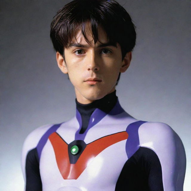 An intense portrayal of Shinji Ikari, the protagonist from the anime series 'Neon Genesis Evangelion'. Show him in his signature plug suit, projecting a mix of resolve and vulnerability.