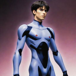 An intense portrayal of Shinji Ikari, the protagonist from the anime series 'Neon Genesis Evangelion'. Show him in his signature plug suit, projecting a mix of resolve and vulnerability.