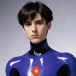 An intense portrayal of Shinji Ikari, the protagonist from the anime series 'Neon Genesis Evangelion'. Show him in his signature plug suit, projecting a mix of resolve and vulnerability.