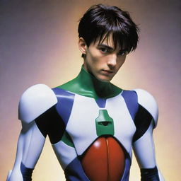 An intense portrayal of Shinji Ikari, the protagonist from the anime series 'Neon Genesis Evangelion'. Show him in his signature plug suit, projecting a mix of resolve and vulnerability.