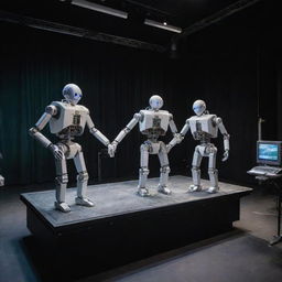 A theater on the Seine river where the stage is transformed into a high-tech robotics laboratory, robots act out a dramatic play amidst scientific equipment and machinery.