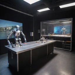 A theater on the Seine river where the stage is transformed into a high-tech robotics laboratory, robots act out a dramatic play amidst scientific equipment and machinery.