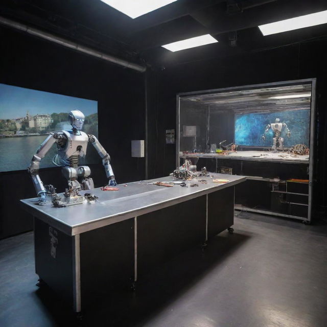 A theater on the Seine river where the stage is transformed into a high-tech robotics laboratory, robots act out a dramatic play amidst scientific equipment and machinery.