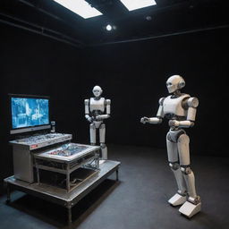 A theater on the Seine river where the stage is transformed into a high-tech robotics laboratory, robots act out a dramatic play amidst scientific equipment and machinery.