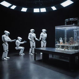 A theater on the Seine river where the stage is transformed into a high-tech robotics laboratory, robots act out a dramatic play amidst scientific equipment and machinery.