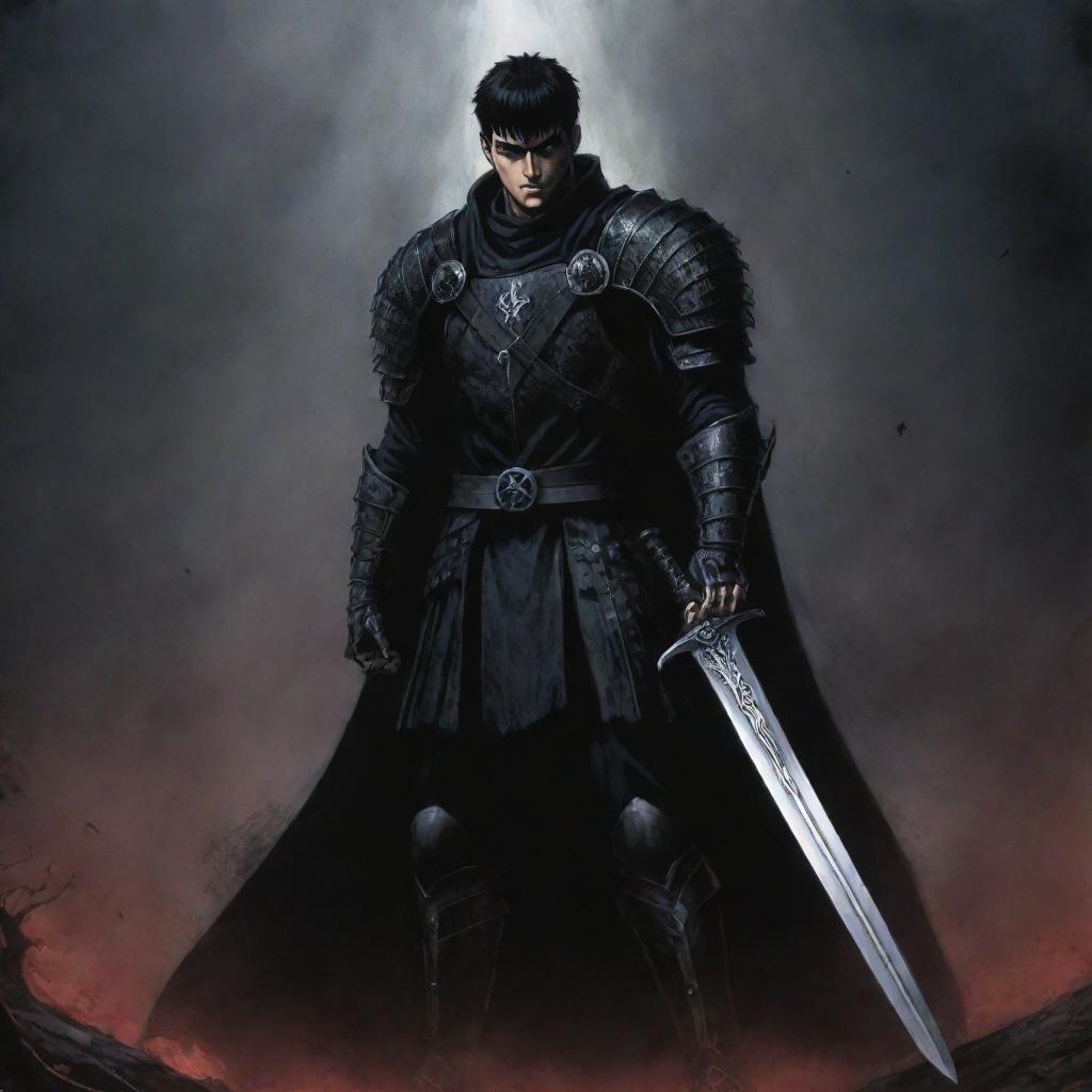 A haunting gothic image of Guts, the protagonist from the dark fantasy manga 'Berserk'. Depict him in his Black Swordsman attire, wielding the Dragon Slayer sword against a background riddled with monstrous shadows.