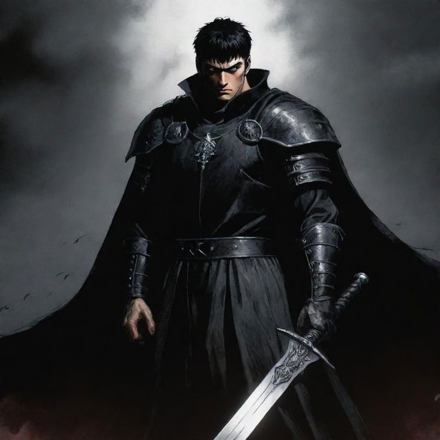 A haunting gothic image of Guts, the protagonist from the dark fantasy manga 'Berserk'. Depict him in his Black Swordsman attire, wielding the Dragon Slayer sword against a background riddled with monstrous shadows.