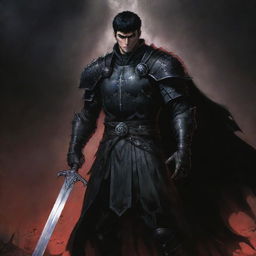 A haunting gothic image of Guts, the protagonist from the dark fantasy manga 'Berserk'. Depict him in his Black Swordsman attire, wielding the Dragon Slayer sword against a background riddled with monstrous shadows.