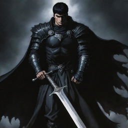 A haunting gothic image of Guts, the protagonist from the dark fantasy manga 'Berserk'. Depict him in his Black Swordsman attire, wielding the Dragon Slayer sword against a background riddled with monstrous shadows.