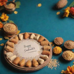 Generate an Instagram post for Makar Sankranti event. It should show unique imagery of the celebration along with additives and Tilgul sweets. Incorporate an inspirational quote and the greeting 'Happy Makar Sankranti'.