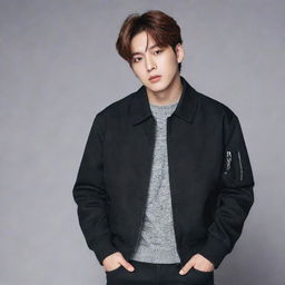 BTS Jungkook confidently standing, sporting a trendy black jacket.