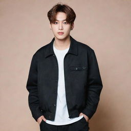 BTS Jungkook confidently standing, sporting a trendy black jacket.