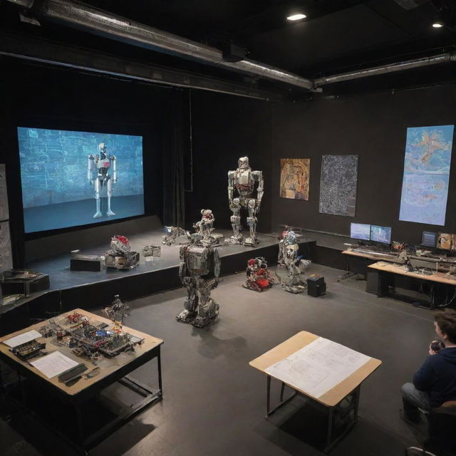 A theater on the Seine River set as a robotics laboratory: Robots perform on stage under the watchful eyes of professors; Background filled with advanced equipment, diagrams, and scientific notations.